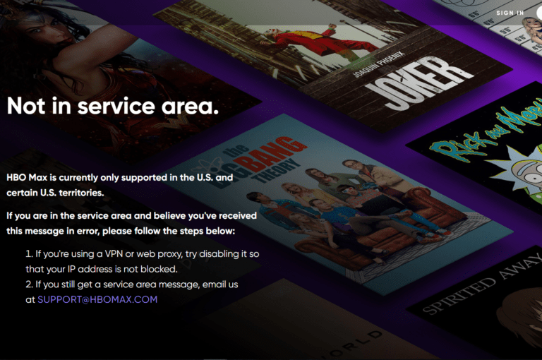 hbo max vpn not in service area